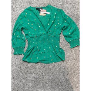 Harvé Benard Green & Gold Polka Dot Smocked Waist Blouse Size M